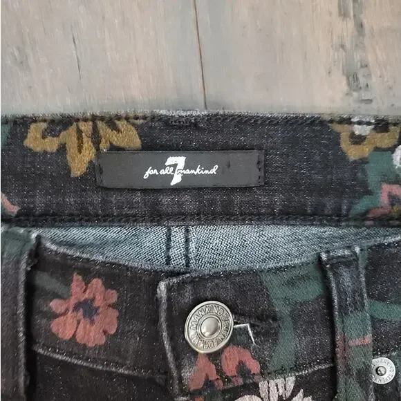 7‎ For All Mankind Jeans Black Painted Floral Raw Hem Skinny Ankle Size 26 - Picture 3 of 4
